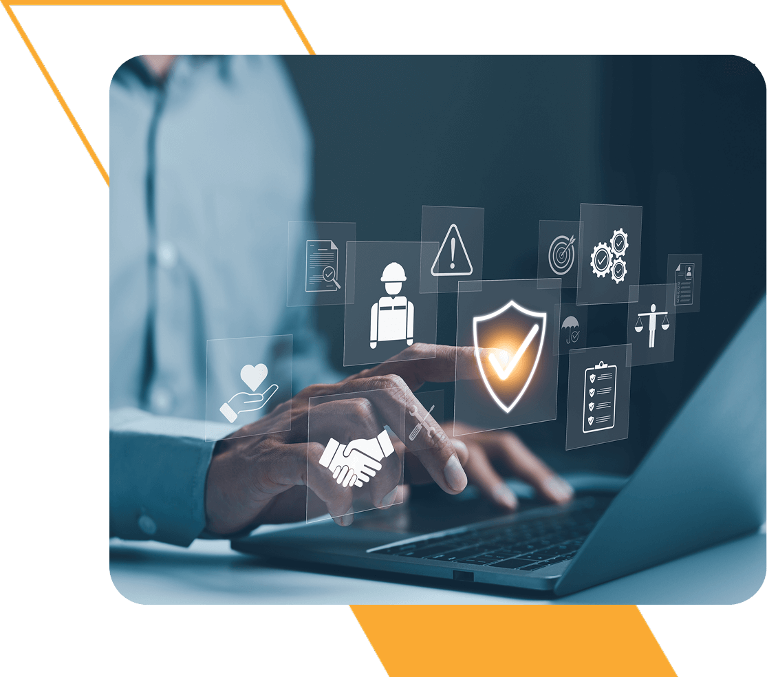Person interacting with digital security icons.